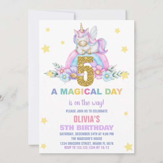 Convites Star Rainbow Unicorn Aniversário Voa (Frente)