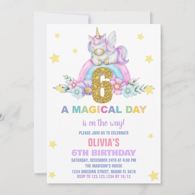 Convites Star Rainbow Unicorn Aniversário Voa (Frente)