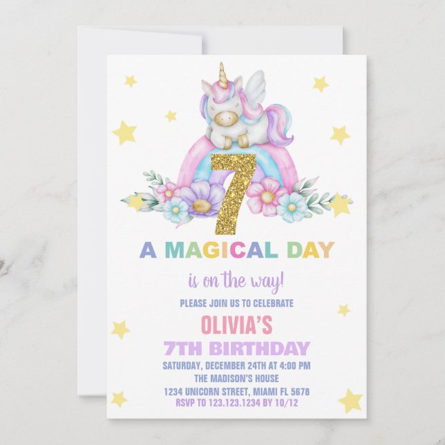 Convites Star Rainbow Unicorn Aniversário Voa (Frente)
