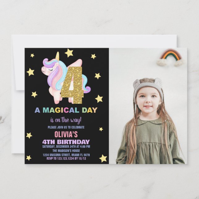 Convites Star Rainbow Unicorn Birthday Invtions w foto (Frente)