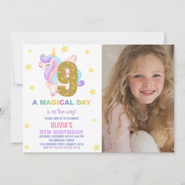 Convites Star Rainbow Unicorn Birthday Invtions w foto (Frente)