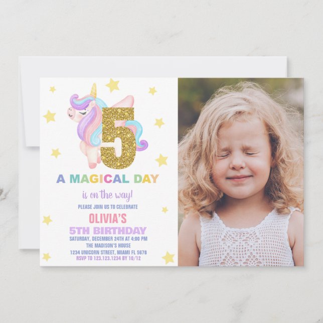 Convites Star Rainbow Unicorn Birthday Invtions w foto (Frente)