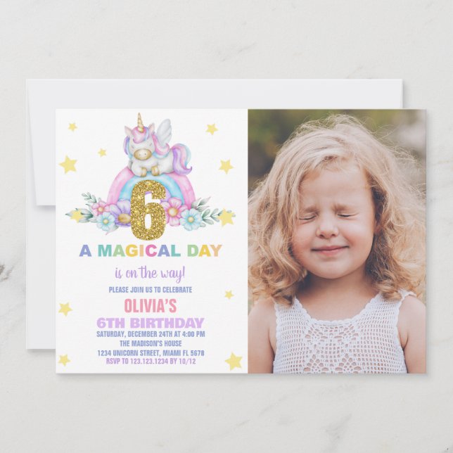 Convites Star Rainbow Unicorn Birthday Invtions w foto (Frente)