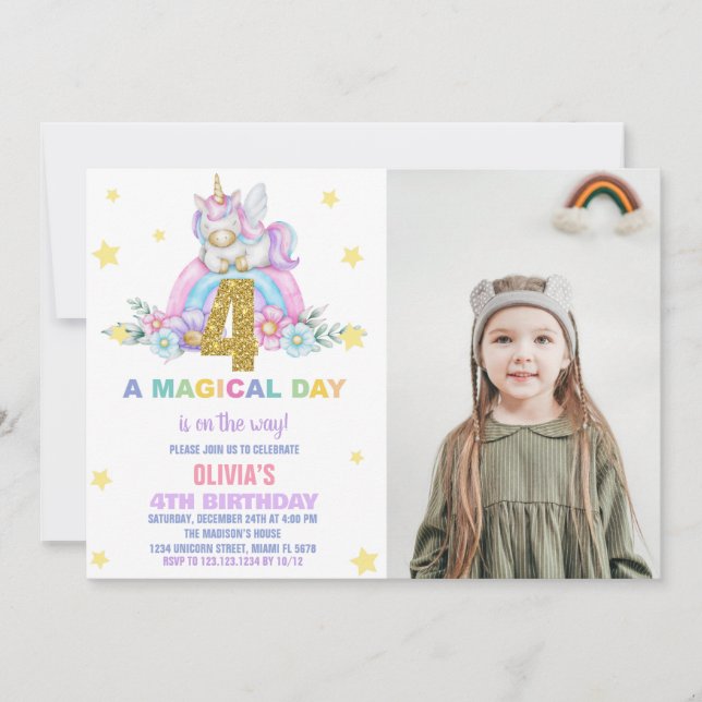 Convites Star Rainbow Unicorn Birthday Invtions w foto (Frente)