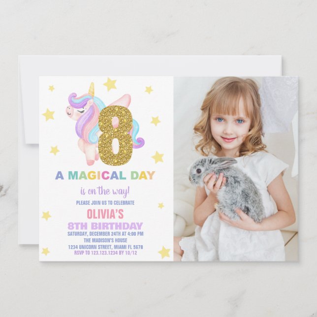 Convites Star Rainbow Unicorn Birthday Invtions w foto (Frente)