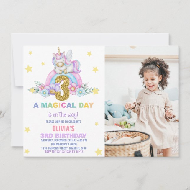 Convites Star Rainbow Unicorn Birthday Invtions w foto (Frente)