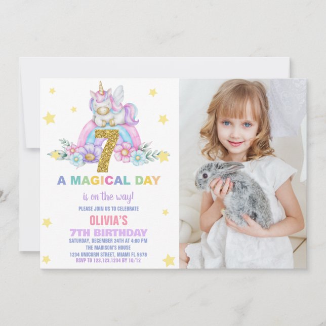 Convites Star Rainbow Unicorn Birthday Invtions w foto (Frente)