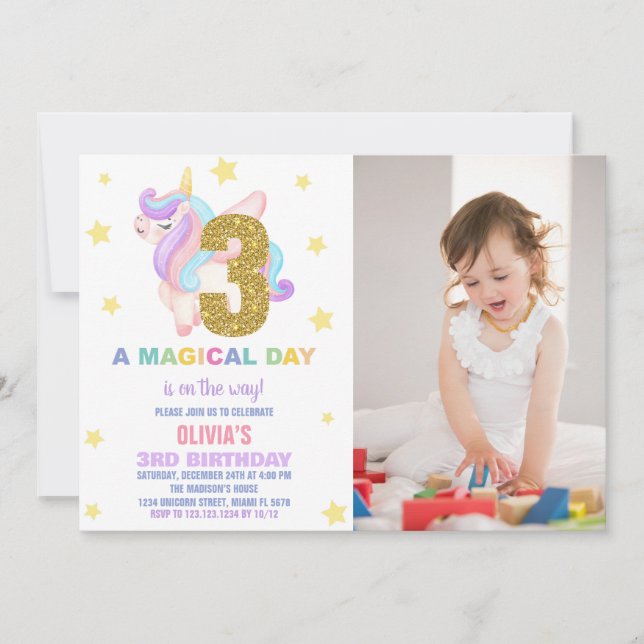Convites Star Rainbow Unicorn Birthday Invtions w foto (Frente)