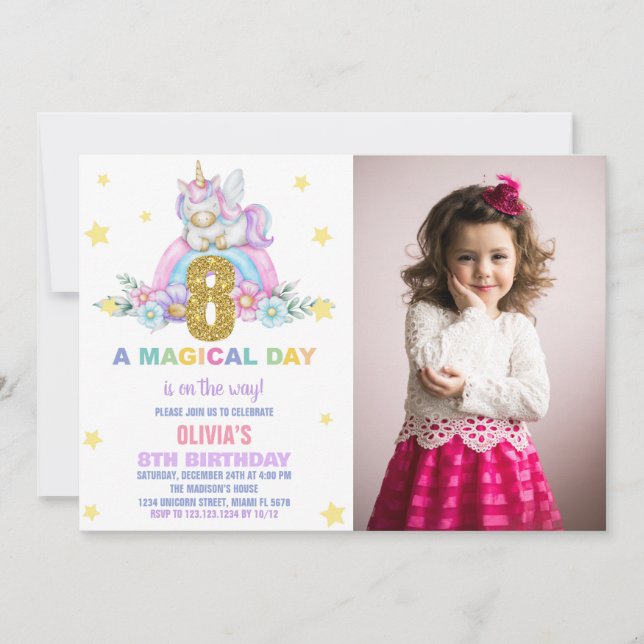 Convites Star Rainbow Unicorn Birthday Invtions w foto (Frente)