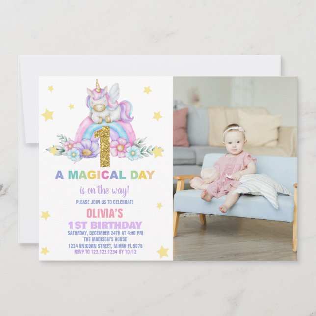 Convites Star Rainbow Unicorn Birthday Invtions w foto (Frente)