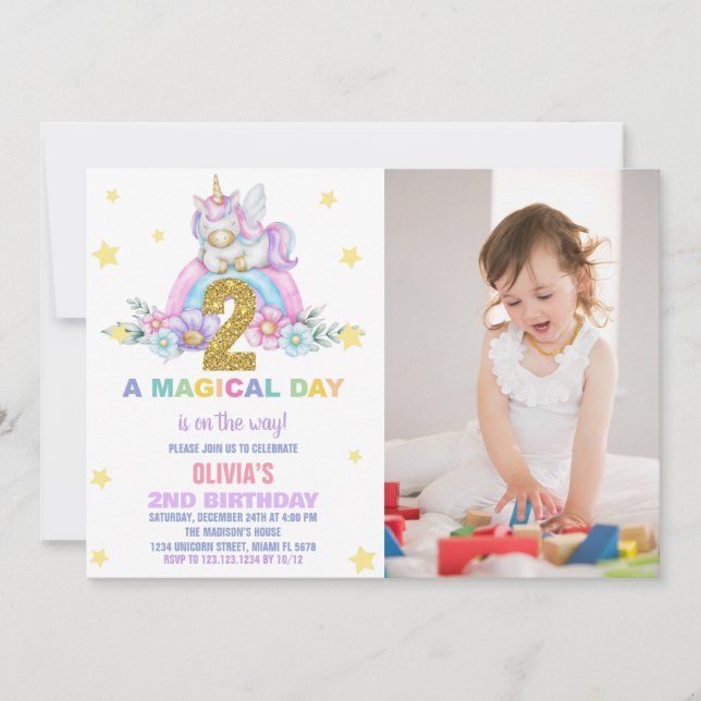Convites Star Rainbow Unicorn Birthday Invtions w foto (Frente)