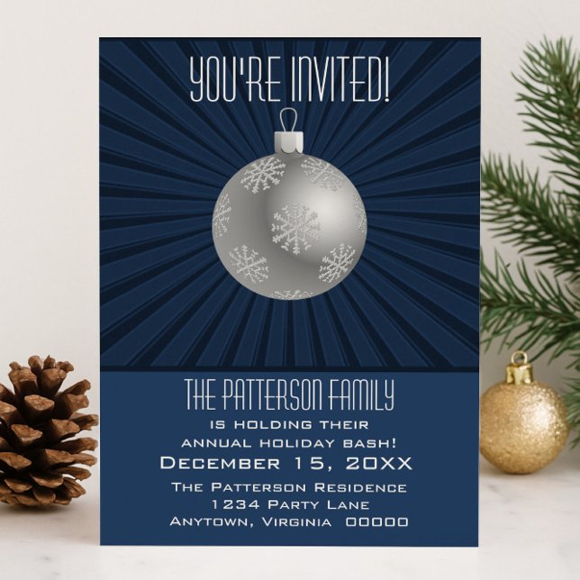 Convites Starburst Stripes Ornament Foliday Party Dark Azul (Blue Starburst Stripes Ornament Holiday Party Invitation)