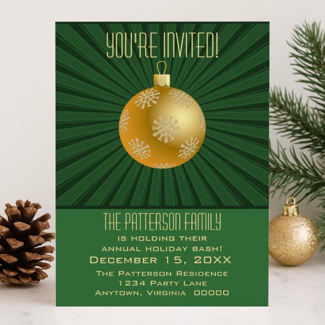 Convites Starburst Stripes Ornament Party, Verde e Dourado (Green and Gold Starburst Stripes Ornament Holiday Party Invitation)