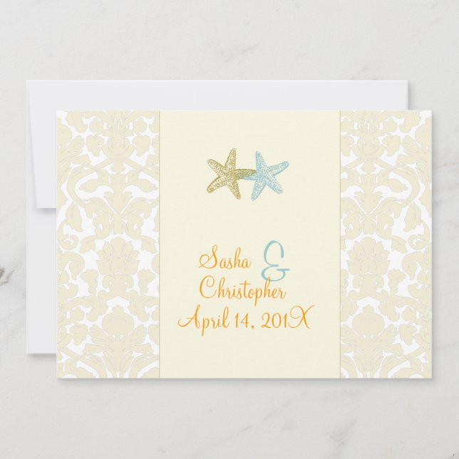 Convites Starfish + casamentos tema damasco (Frente)