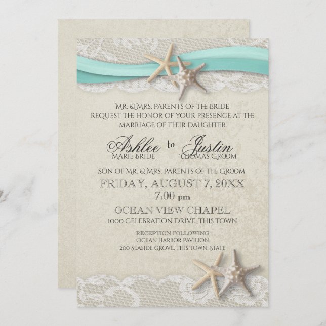 Convites Starfish e Lace Beach Aqua Wedding (Frente/Verso)