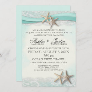 Convites Starfish e Lace Beach Watercolor Aqua Weding