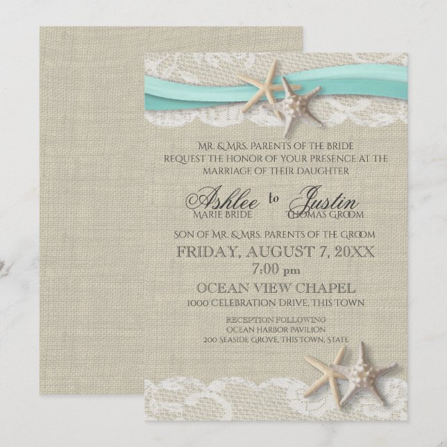 Convites Starfish e Lace Rustic Beach Aqua Weding (Frente/Verso)