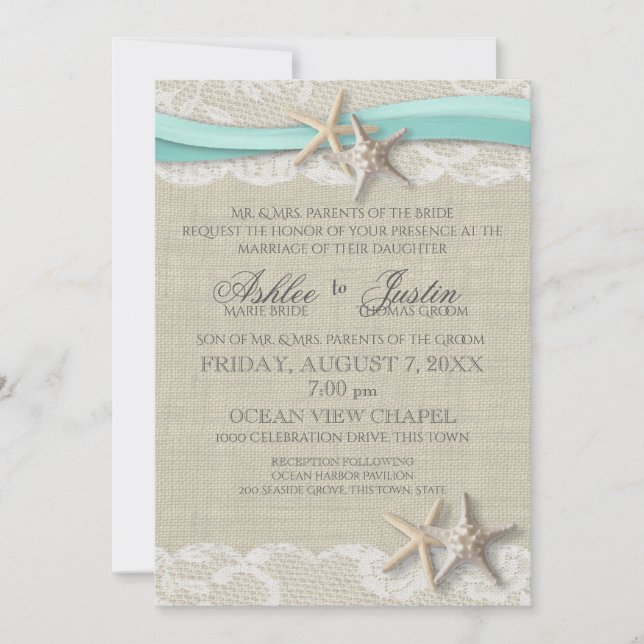 Convites Starfish e Lace Rustic Beach Aqua Weding (Frente)