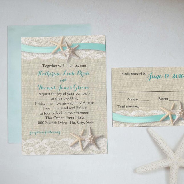 Convites Starfish e Ribbon Beach Aqua (Criador carregado)