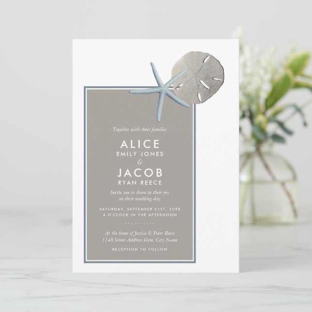 Convites Starfish e Sand Dollar - Casamento de Praia (Em pé/Frente)