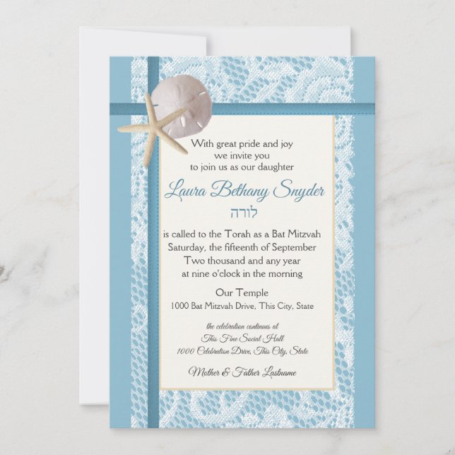 Convites Starfish e Sand Dollar Ocean Bat Mitzvah (Frente)