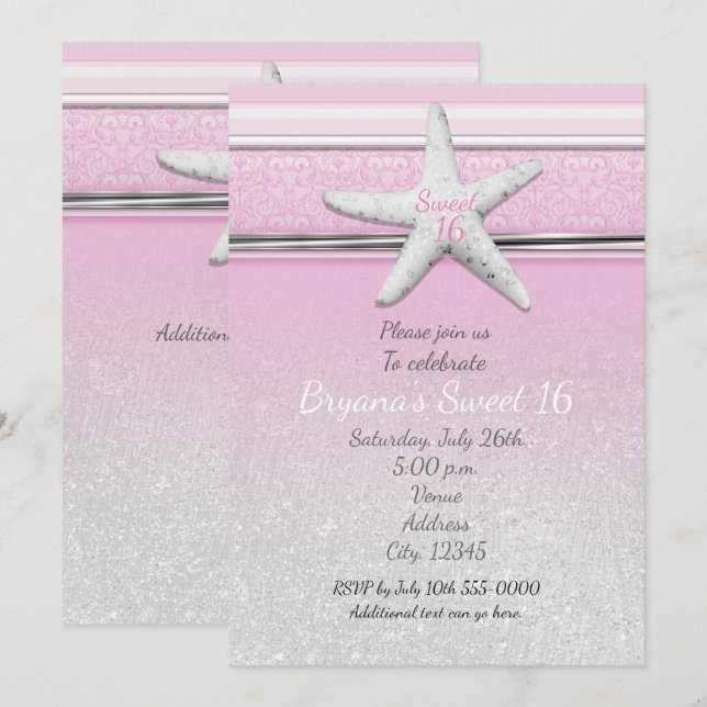 Convites Starfish Elegant Beach Rosa Sweet 16 (Frente/Verso)