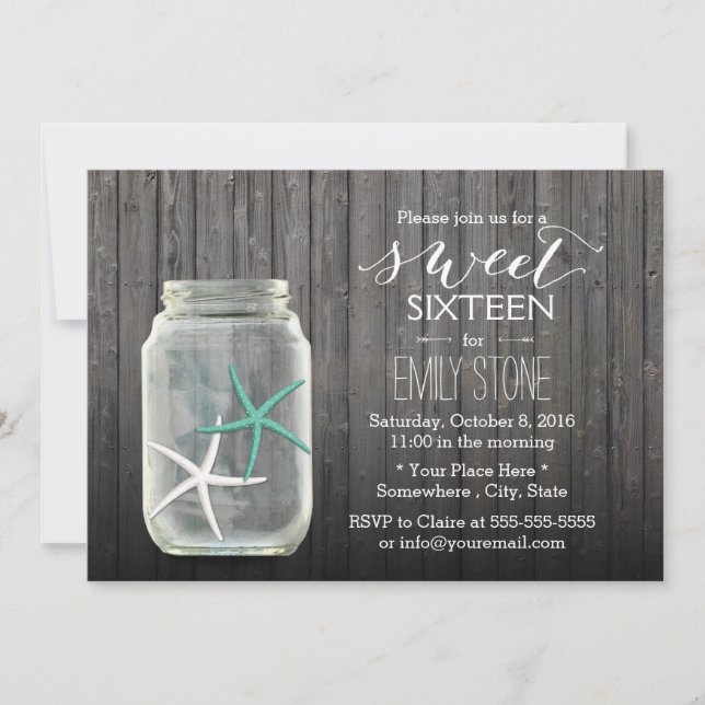 Convites Starfish & Mason Jar Wood Background Sweet 16 (Frente)