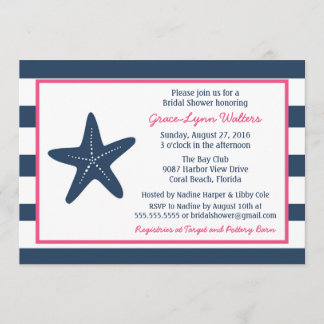 Convites Starfish Náutico Chá Convite, Marinho e Rosa