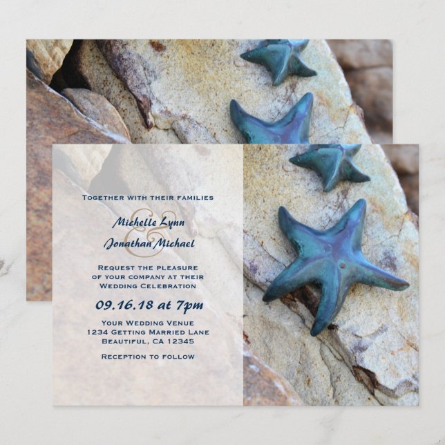 Convites Starfish no Casamento de Praia Rocky Background (Frente/Verso)