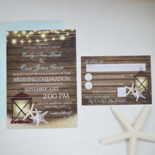 Convites Starfish Rustic Ocean Wood and Lights