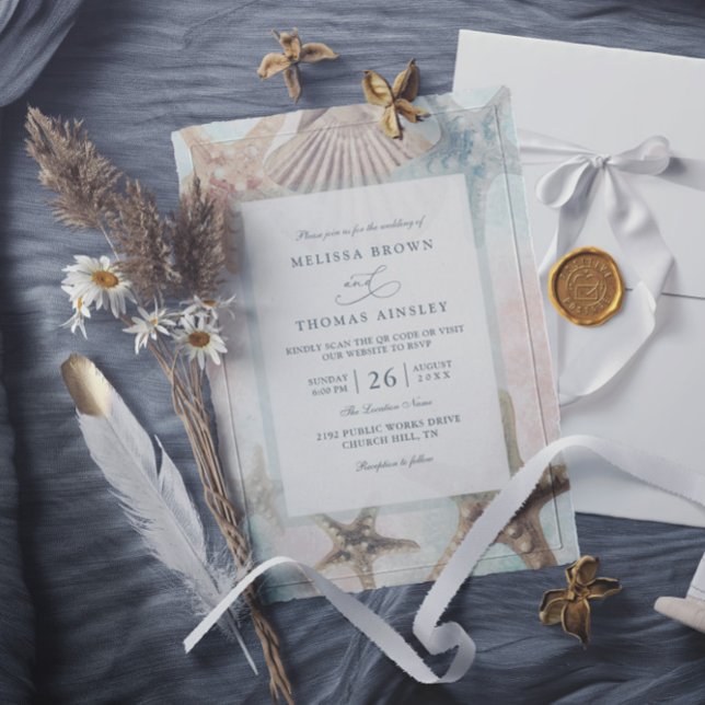 Convites Starfish Seashells Tropical Beach QR Code Wedding (Criador carregado)