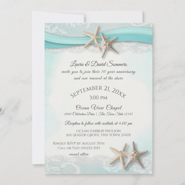 Convites Starfish Tropical Vintage Beach Vow Renewal (Frente)