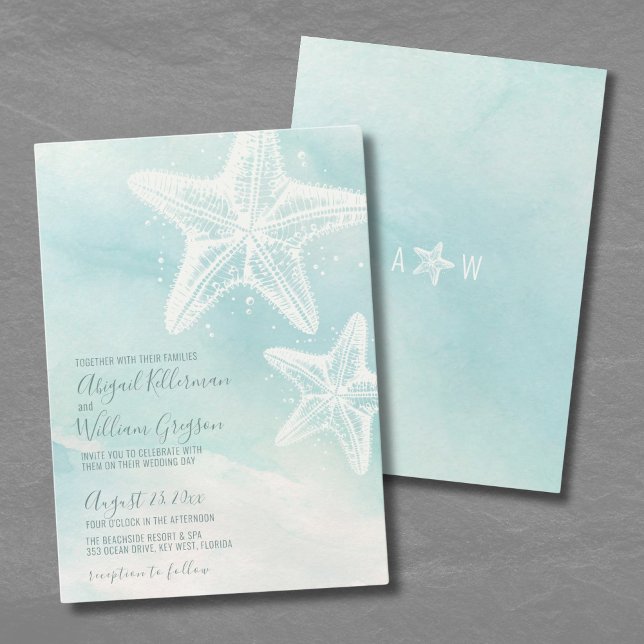 Convites Starfish Watercolor Summer Beach Weding (Starfish Watercolor Summer Beach Wedding Invitation)