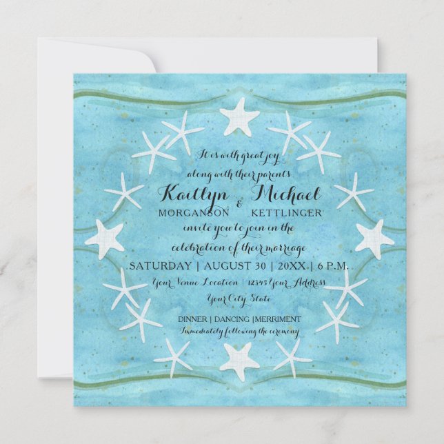 Convites Starfish Wreath Ocean Beach Watercolor Blue Shelds (Frente)