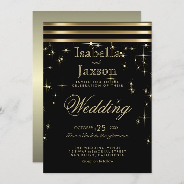Convites Starlight preto e Dourado com Bares (Frente/Verso)