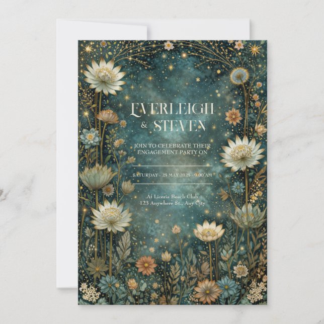 Convites Starlit Teal Celestial Astrantia Wedding (Frente)