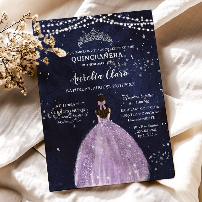 Convites Starnight Purple Lilac Vestido Silver Quinceañera (starry night quinceanera invitation printed cards digital download princess purple lilac dress )