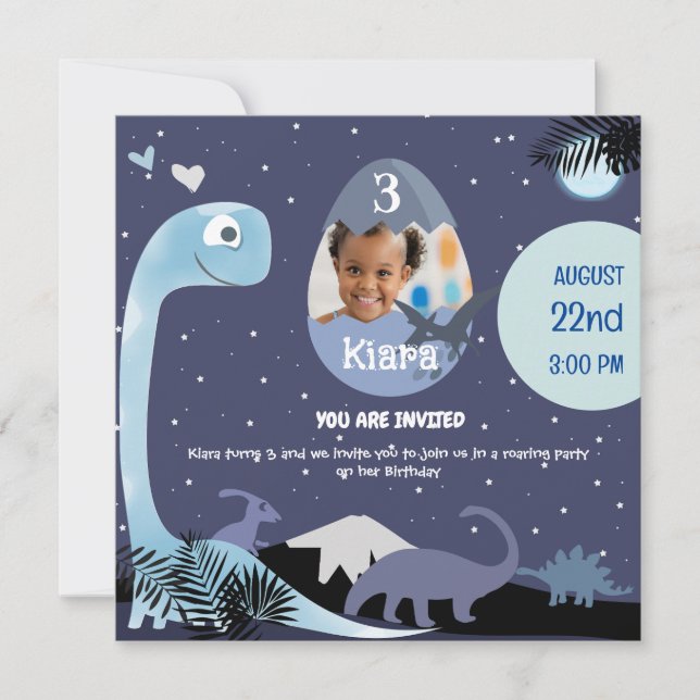 Convites Starry Night Dinosaur Themed aniversário de 3 anos (Frente)