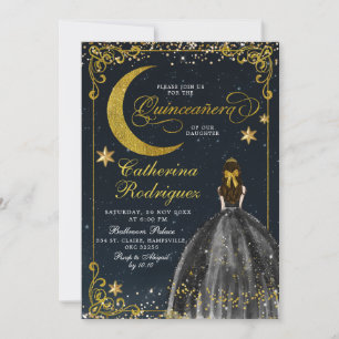 Convites Starry Night Dourado e Black Quinceanera