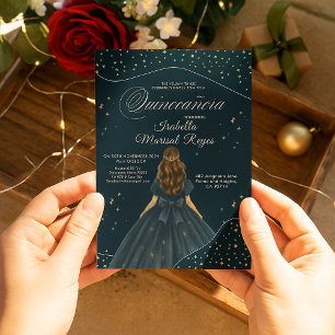 Convites Starry Night Elegante Blue Gown Quinceañera
