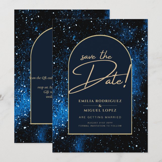 Convites Starry Night Marinho Azul Dourado Casamento SAVE D (Frente/Verso)