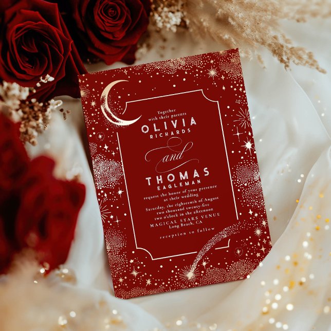 Convites Starry Night Moon A Atirar Casamento Celestial da  (Burgundy Red Celestial Wedding Invitation)