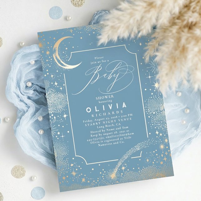 Convites Starry Night Moon Mystical Celestial Chá de fralda (Celestial Dusty Blue Baby Shower Invitation with Crescent Moon and Stars)