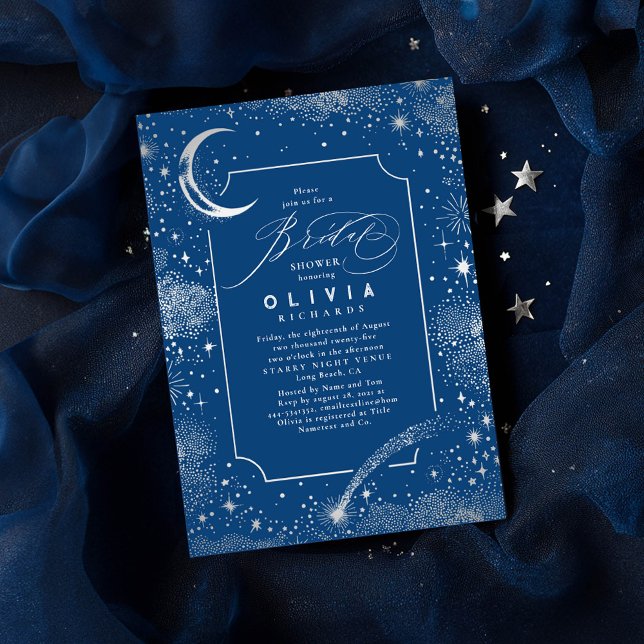 Convites Starry Night Moon Mystical Celestial Chá de panela (Celestial Bridal Shower Invitations featuring silver moon and stars on a navy blue background)
