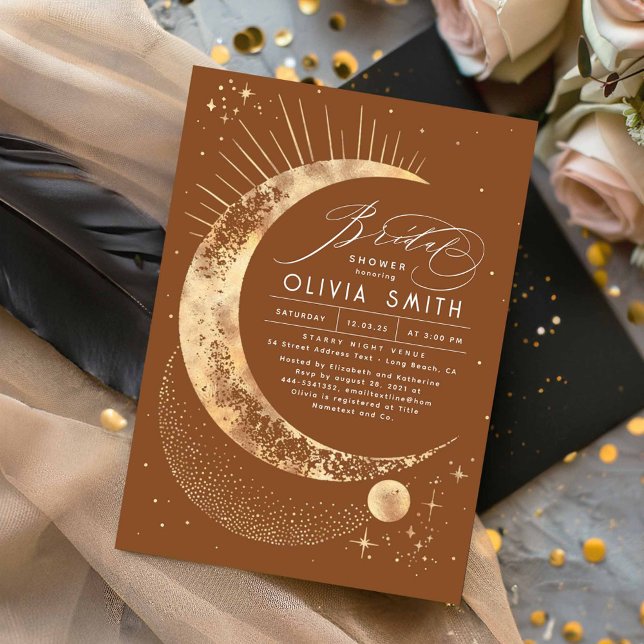 Convites Starry Night Moon Mystical Celestial Chá de panela (Celestial Mystical Terracotta Bridal Shower Invitation)