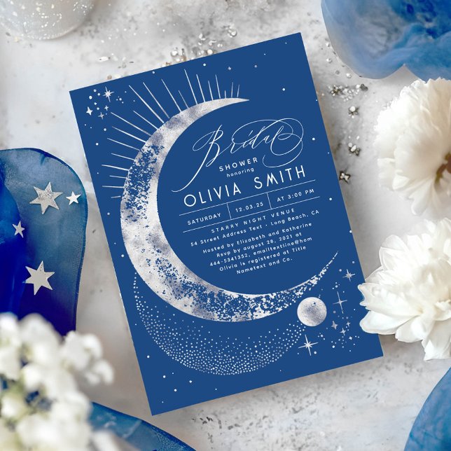 Convites Starry Night Moon Mystical Celestial Chá de panela (Celestial Bridal Shower Invitations in Navy Blue and Silver)