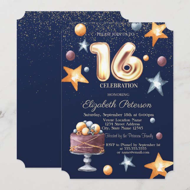 Convites Stars Cake Confetti Sweet 16 Party (Frente/Verso)