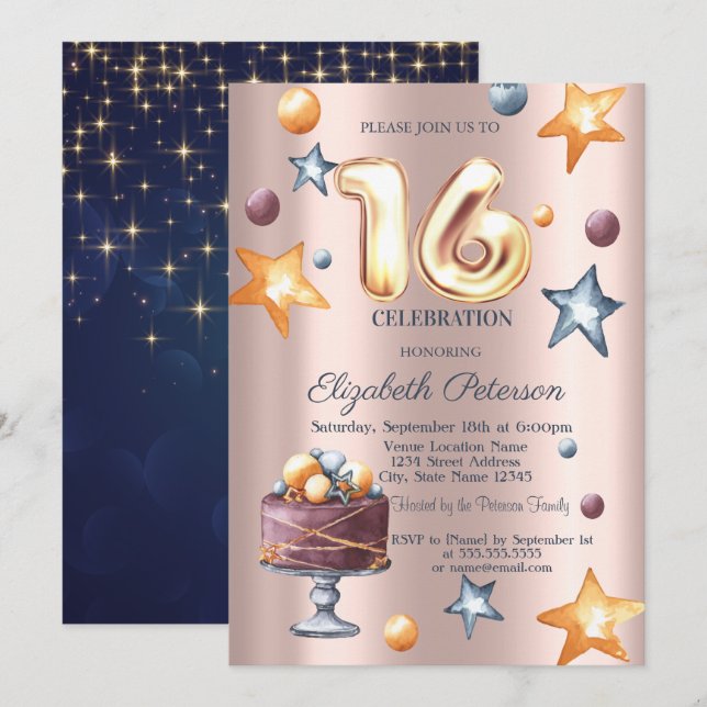 Convites Stars Cake Marinho Azul Rosa Dourado Sweet 16 Conv (Frente/Verso)