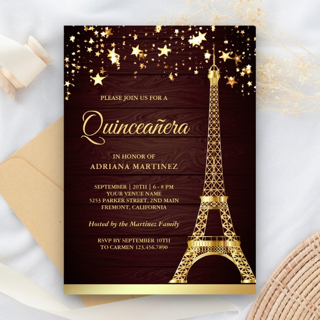 Convites Stars Confetti Gold Foil Eiffel Tower Quinceanera (Criador carregado)