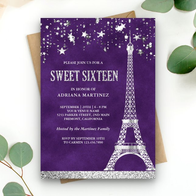 Convites Stars Confetti Silver Torre Eiffel Purple Sweet 16 (Criador carregado)